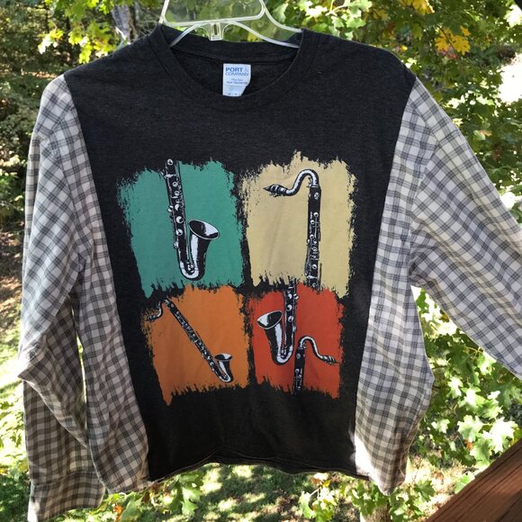 Upcycled Reworked Graphic Tshirt, Small to Medium: Saxophone Theme Plaid Shirt - Picture 6 of 12